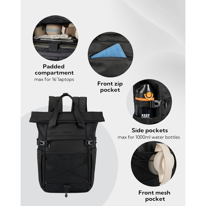Рюкзак WATERFLY Rolltop 16-21л для чоловіків і жінок, стильний міський рюкзак із відділенням для ноутбука 16