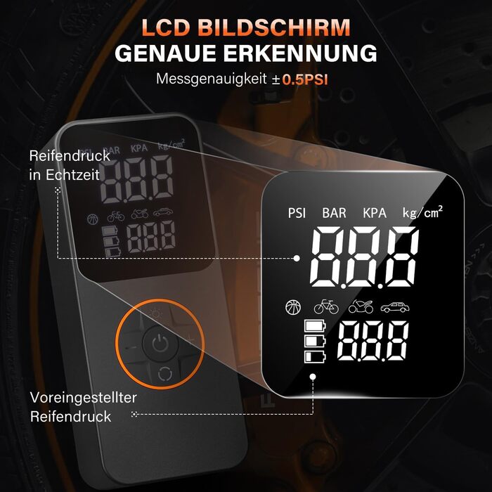 Портативний електричний компресор ZORUMAN 150 PSI з акумулятором 10000mAh, манометром та LED-ліхтарем для авто, велосипедів, мотоциклів і м'ячів