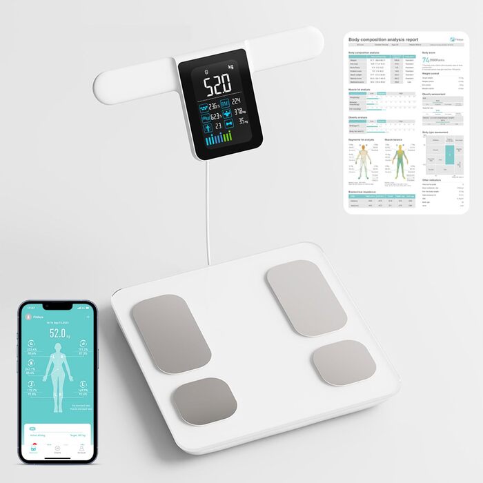 Fitdays Розумна вага для аналізу складу тіла - 8 електродів, точна цифрова вага BMI з Bluetooth, 20+ показників, синхронізація для 6 користувачів (FG2015ULB-Weiß)