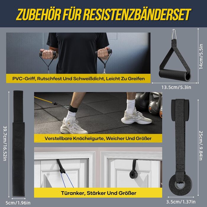 Набір еластичних стрічок для фітнесу Fokky Fitnessbänder Resistance Bands Set, 5 стрічок різної міцності, з анкерами для дверей, ручками та кігтями, для пілатесу, силових тренувань, чорний, червоний, синій, зелений, жовтий