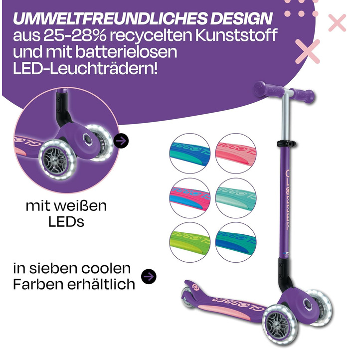 Дитячий самокат GLOBBER Primo Foldable Plus Lights з LED колесами, 3 колеса, для дітей від 3 років, регульована висота, підшипники ABEC 5, колеса 120/80 мм