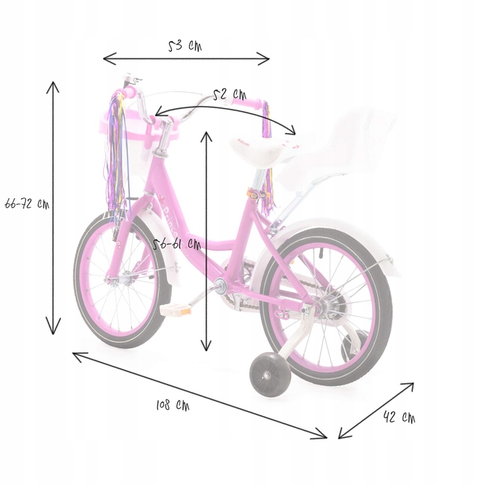 Дитячий велосипед 16 дюймів для дівчинки, рожевий, зі стрічками та сидінням