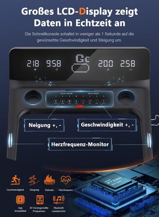 Біговий тренажер Cowmew для дому, 7HP, складаний, кут нахилу 20%, швидкість 1-20 км/год, сумісний з додатком, вантажопідйомність 200 кг, LCD дисплей, датчик пульсу, велика бігова поверхня, консоль керування чорного кольору