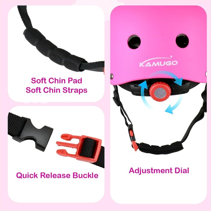 Дитячий шолом KAMUGO для ролерів та велосипеда, 2-8 років, комплект захисту (коліна, лікті, зап'ястя), темно-рожевий