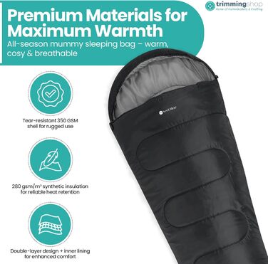 Спальний мішок Mumienschlafsack для дорослих - легкий, компактний, водонепроникний з капюшоном, 220x85 см. Підходить для кемпінгу, походів та подорожей (Чорний)