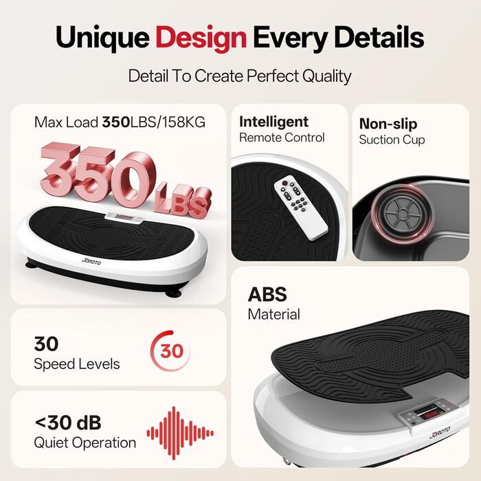 Вібраційна платформа JOROTO 4D для дому: 3 потужні мотори, професійне тренування всього тіла, 10 режимів (3 авто/7 ручні), таймер, до 158 кг, тиха та неслизька