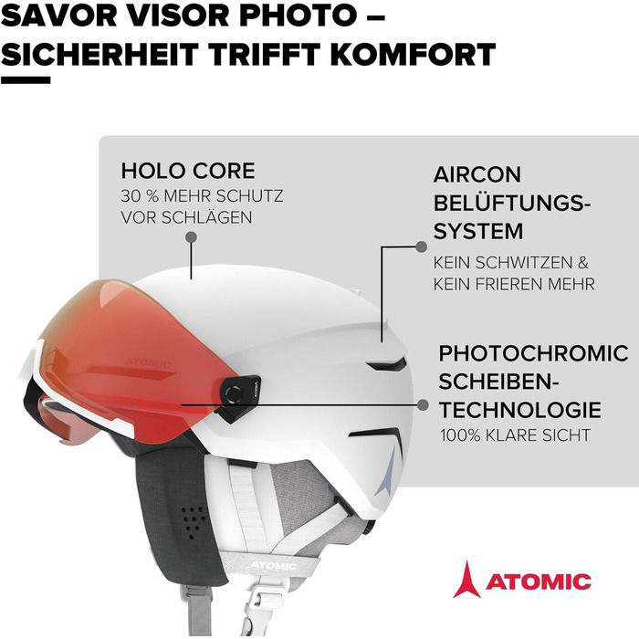 Гірськолижний шолом ATOMIC Savor Visor Photo з візором, білий, розмір 55-59, максимальний захист, вентиляція Aircon, дзеркальна лінза