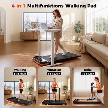 Бігова доріжка для дому з нахилом 7%, Walking Pad 5: реабілітація, 5 рівнів вібрації, під стіл з додатковою ручкою, LED, 2.5HP, швидкість до 7.5 км/год, управління з пульта, до 136 кг, з APP