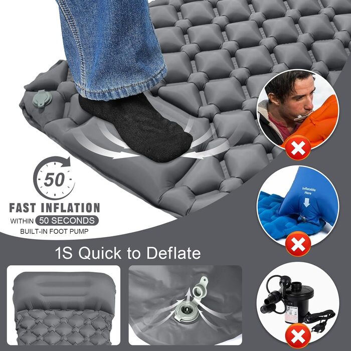 AQXONG Килимок для сну самонадувний, водонепроникний, з насосом та подушкою, ультралегкий, для кемпінгу, подорожей та відпочинку на природі - сірий