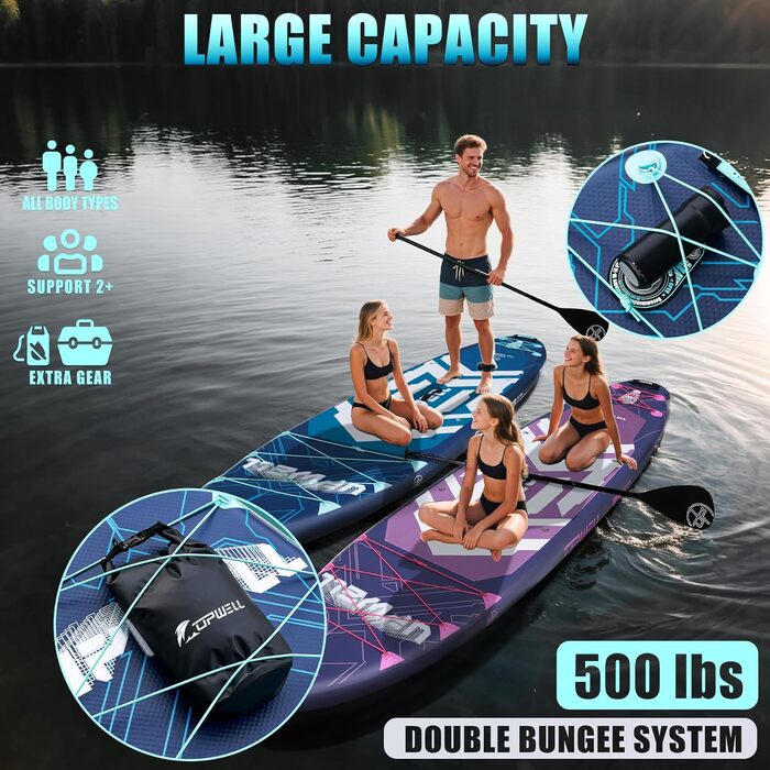 SUP дошка Upwell 350x89 см з сидінням, надувний борд для дорослих та підлітків, комплект з аксесуарами (рюкзак, весло, ліш, помпа, плавники) Chipmech Blue