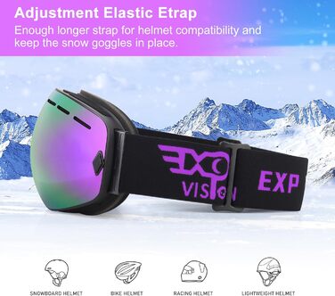 Сноубордична маска EXP VISION для чоловіків і жінок, 100% UV400, антифог, сферична лінза, для окулярів, універсальний розмір, колір Grapes