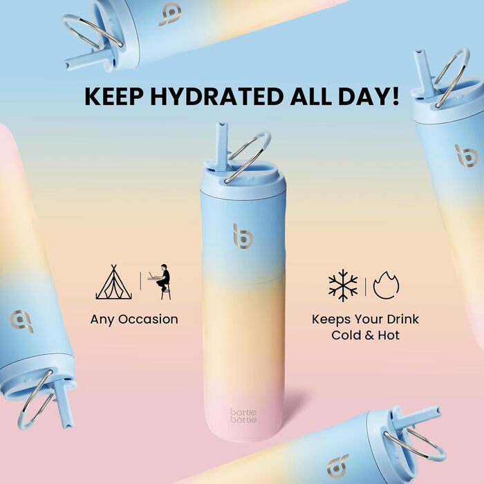Пляшка для води BOTTLE BOTTLE з нержавіючої сталі 750 мл з соломинкою, кришкою та ручкою - герметична, без BPA, з подвійними стінками - ідеальна для спорту, подорожей та фітнесу (блакитна, жовта, рожева)