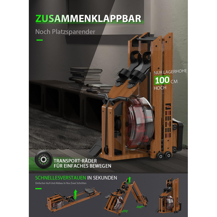Гребний тренажер Neezee для дому, складаний, з масивного дерева, Bluetooth, підтримка планшета, до 200 кг, сумісний з Kinomap, коричневий
