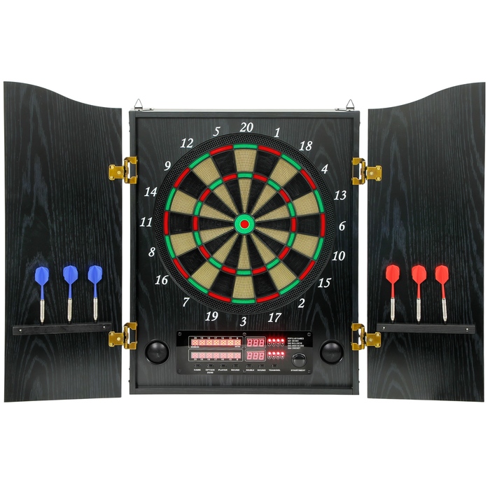 Електронна дартс-дошка E Dartboard з дверцятами, що імітують дерево, LED-дисплеєм, голосовими підказками, 6 дротиками та 24 запасними наконечниками.