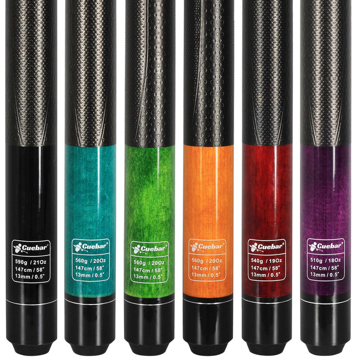 Набір київ для більярду CUEBAR 6 шт. (Lila, Rot, Grün, Blaugrün, Blau, Schwarz), кийки 45.7/50.8 см, 595.3 г, 3D-рукоятка, для чоловіків та жінок