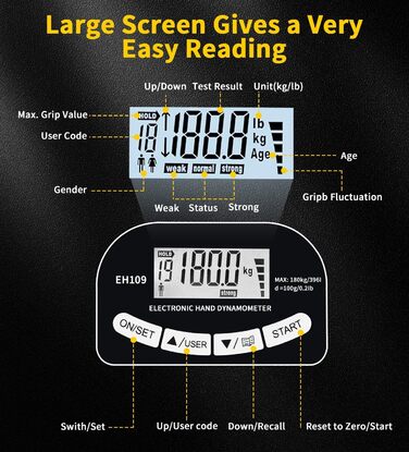 Динамометр ручний цифровий 180 кг для тренування сили хвата, з LCD-дисплеєм, регульований, акумуляторний