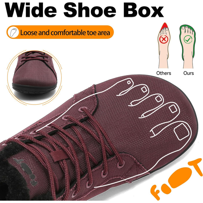 Водонепроникні черевики-сліпони для ходьби Barfußschuhe: жіночі та чоловічі, широкі, теплий підкладка, Zero Drop, антиковзаючі, 38 EU, бордовий