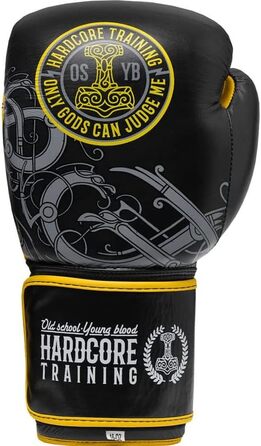 Боксерські рукавички Hardcore Training Viking 12 унцій, шкіряні, для боксу, кікбоксингу, муай-тай, ММА, спарингів, чорні/жовті