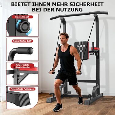 Силовий комплекс Pooboo Power Tower: багатофункціональний турнік з брусами для дому, 11 рівнів регулювання висоти, еластичні стрічки, чорний