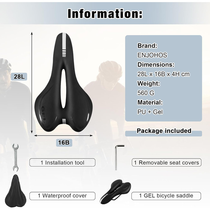 Велосипедне сідло ENJOHOS: водонепроникне, PU, для MTB, Trekking, Tour, шосе, чорний колір