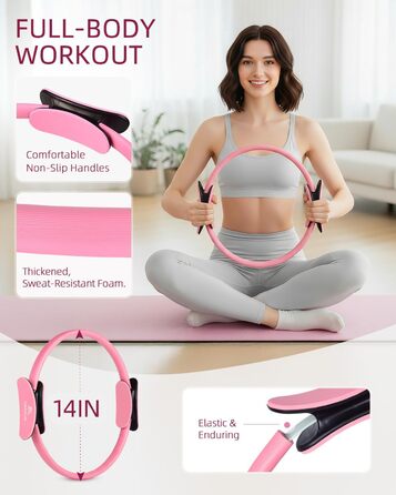 Набір для пілатесу Abahub: кільце 35 см, м'яч 25 см, 5 еластичних стрічок, шкарпетки для йоги, ковзаючі диски. Для жінок, домашні тренування, сила, гнучкість, стабільність та підтяжка тіла. Рожевий