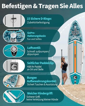 SUP дошка COOLCAA 355 см надувна, широка 86 см, для риболовлі, з аксесуарами та сумкою, вантажопідйомність 222 кг