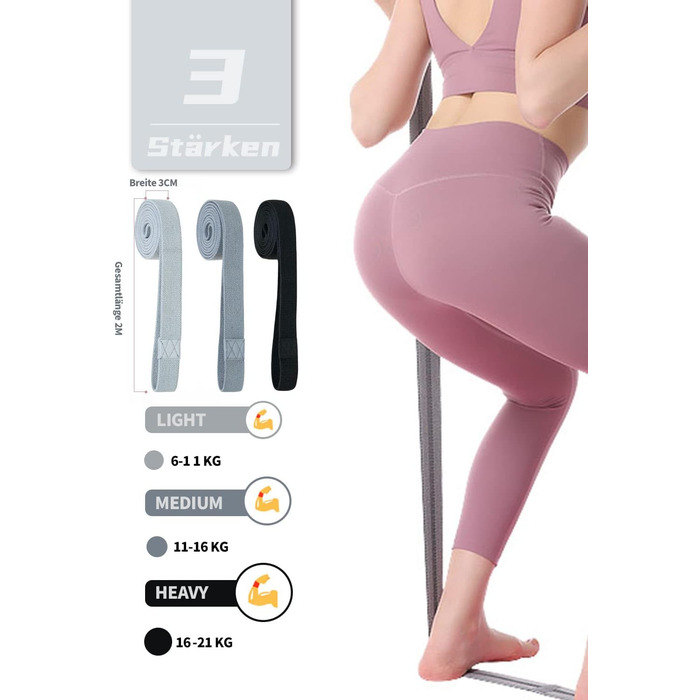 Стрічки для фітнесу з тканини, тренувальні стрічки для пілатесу, набір 3 шт. Стійкі до ковзання, спортивні стрічки для фітнесу, силові тренування, стрічки опору, сірі, темно-сірі, чорні