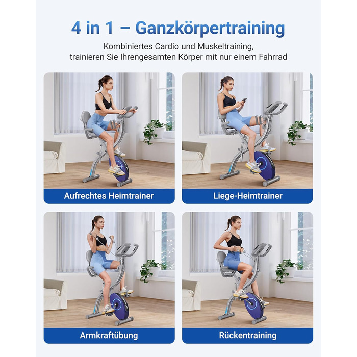 MERACH 4-в-1 велотренажер складаний, Hometrainer з LCD монітором та вимірюванням пульсу, магнітне ергометр, фітнес-велосипед для дому, срібний