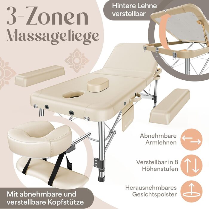 Масажне ліжко KESSER® з 3 зонами, до 250 кг, складне, регульоване, з аксесуарами (підголовник, підлокітники, сумка), антиковзне покриття, бежеве