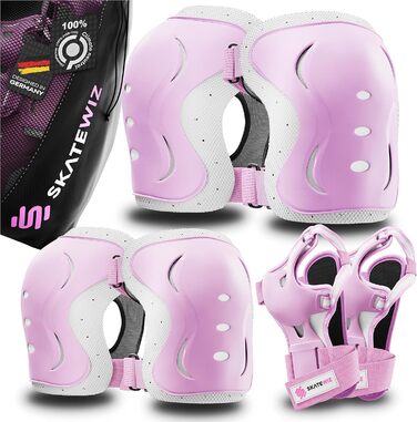 Комплект захисту для скейтборду SKATEWIZ 6-в-1 для дітей, підлітків і дорослих, німецький виробник, рожево-білий, XS: наколінники, налокітники, захист зап'ясть
