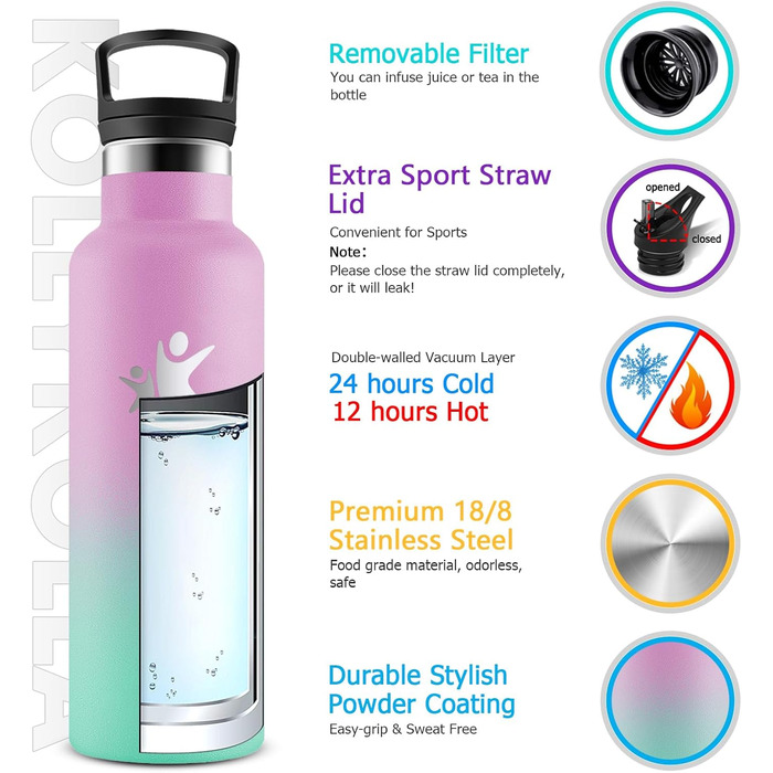 Дитяча термофляга KollyKolla 500 мл з трубочкою, з нержавіючої сталі, без BPA, з подвійними стінками, для кемпінгу, велосипеда, фітнесу, з содовою, рожевий & макаронний зелений