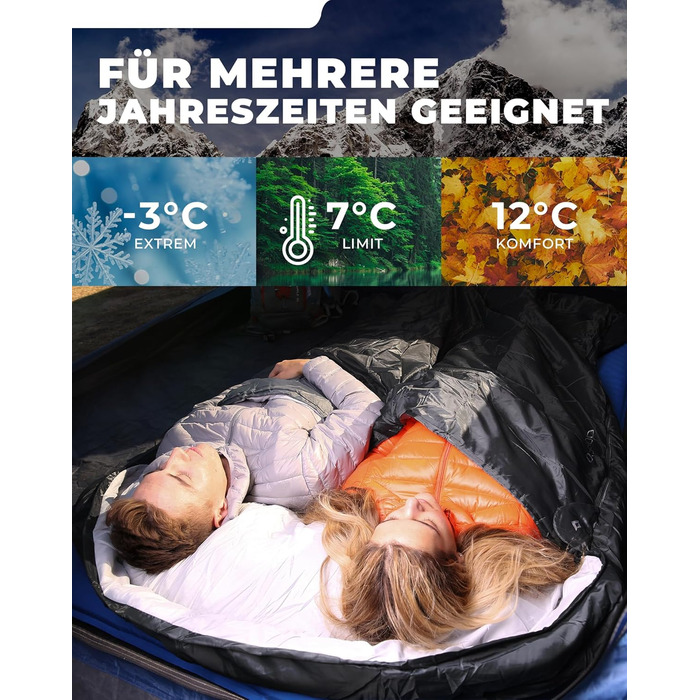 Сплячий мішок KingCamp для двох осіб, зимовий, чорний, для кемпінгу та відпочинку на природі