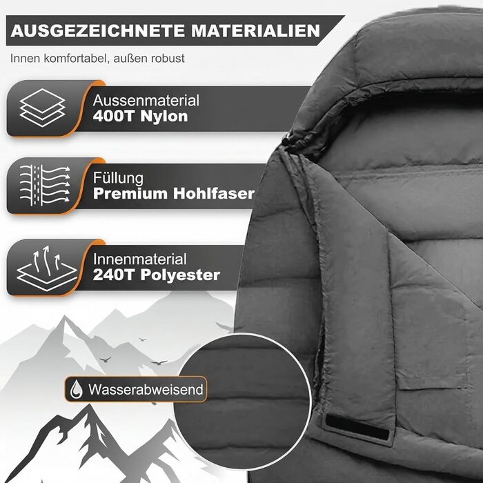 Спальний мішок Mumienschlafsack Norskskin Ultralight 205 Grau - екстремальний (-6°C), з'єднується, з кишенею для подушки, лівий блискавка