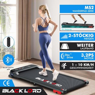 Складаний біговий килимок BLACK LORD MS2, 2-в-1 для дому та офісу, нахил, 3.2HP, до 140 кг, чорний
