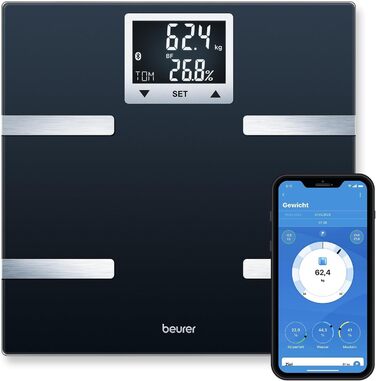 Діагностичні ваги Beurer BF 720 з Bluetooth, визначення ваги, жиру, м’язової маси та калорій, чорні, LCD-дисплей, плоский дизайн