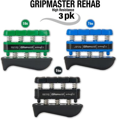 PROHANDS Тренажер для рук Gripmaster, тренажер пальців, набір 3 шт (5lb/7lb/9 Pound), зелений, синій, чорний