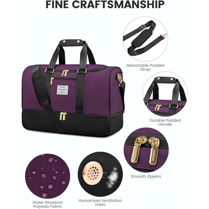 Спортивна сумка LOVEVOOK для подорожей: 37L, з культ. сумкою, відділенням для взуття та мокрих речей. Ідеальна для спортзалу, йоги, подорожей та авіаперельотів. Чорно-фіолетовий колір.