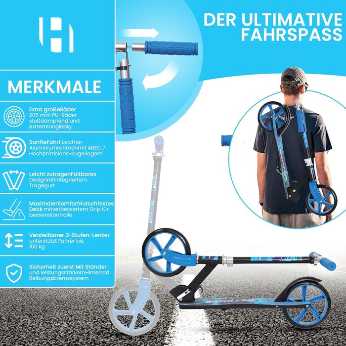 Дитячий трюковий самокат Habib Kickroller – складаний, з регулюванням висоти, великі колеса, до 80 кг, блакитний