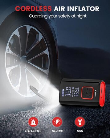 Електричний компресор TEMOLA 12V з LED, манометр 150 PSI, портативний акумуляторний насос-автомат для авто, велосипедів, мотоциклів і м'ячів