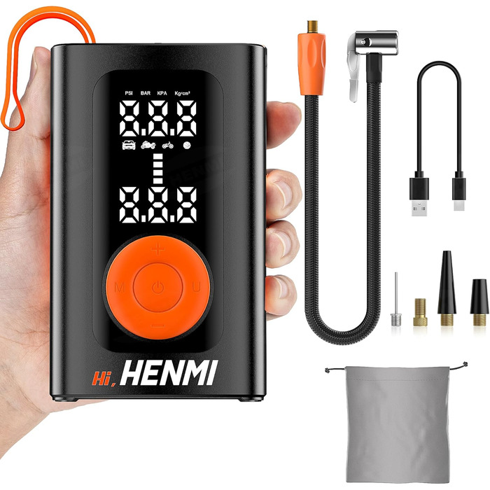 Електричний насос HENMI для авто, велосипедів, м'ячів, з акумулятором 7500-18000 мА·год, цифровий манометр, тиск 10,3-11,7 Бар, універсальні насадки