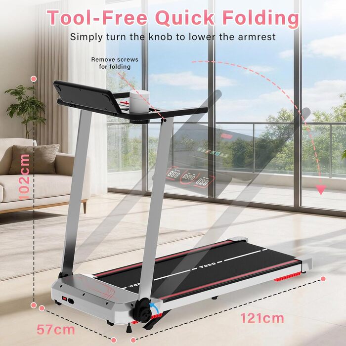 Біговий тренажер для дому з нахилом 10%, Walking Pad, складаний, 3.5HP, з Bluetooth, 12 програм, LED-дисплей, срібний