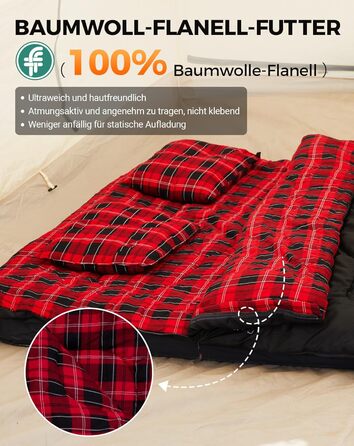 Спальний мішок KingCamp на 2 особи з фланнелю для зими, 3-4 сезони, з подушками, для кемпінгу та відпочинку на природі (чорний)