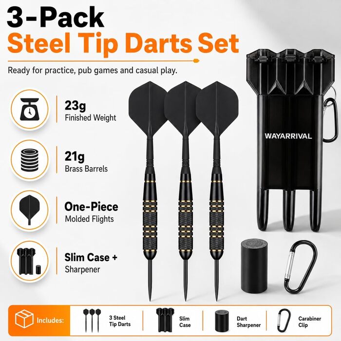 Набір сталевих дротиків Steeldarts (3 шт) з латунними барелями 23г, сталевими голками, футляром та заточувачем для сизалевих мішеней