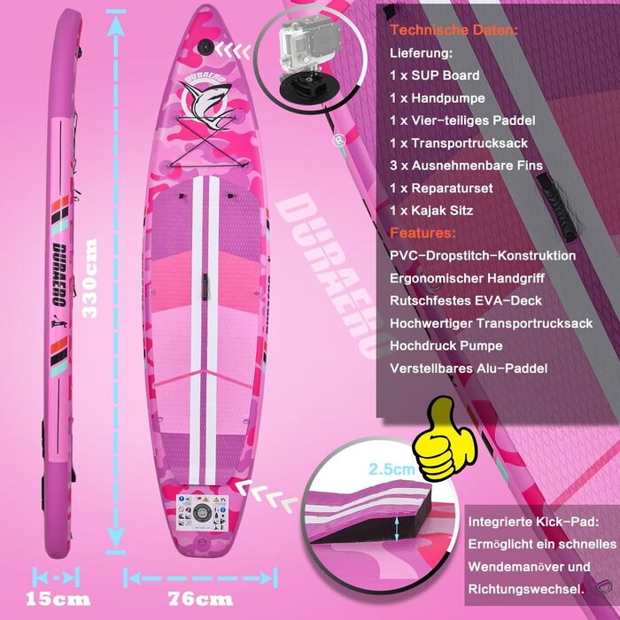 Надувний SUP (Stand Up Paddle Board) з кріпленням для камери, рожевий, 330x76x15 см, до 150 кг, з насосом та рюкзаком