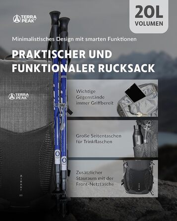 Рюкзак Terra Peak для походів 20 л, чорний, вентильована спинка, тримач для питної системи, дощовик, з поясом на стегнах, для одноденних турів, міський та трекінговий рюкзак