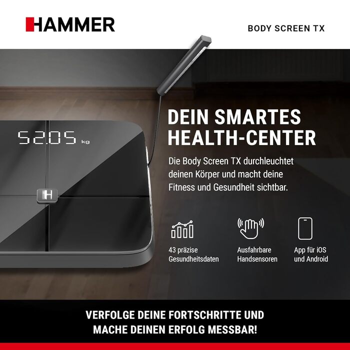 Розумні ваги HAMMER Body Screen TX, 8 сенсорів, аналіз складу тіла, 43 показники здоров'я, додаток, Bluetooth