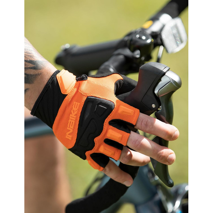 Рукавички Inbike для їзди на велосипеді, хаф-фінгери, захист пальців TPR та SCR, зелені (помаранчеві, M)