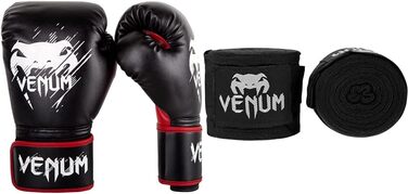 Боксерські рукавички Venum Kinder Contender, чорно-червоні, 8 oz та спортивні бинти Kontact, чорні, 2,5 м для дорослих