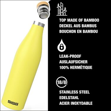 Термос-пляшка SIGG Meridian Ultra Lemon 0,5 л, подвійна стінка, нержавіюча сталь, бамбукова кришка, ізольована, BPA та пластику не містить, герметична, для води та напоїв