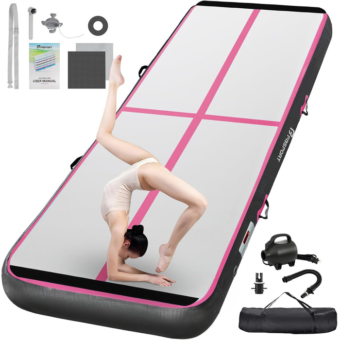 FBSPORT Airtrack Matte -Гімнастичний надувний мат, 600x100x20 см, чорний/рожевий